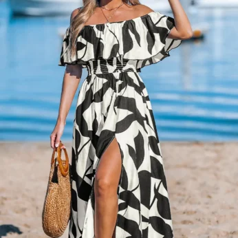 Black & White Tropical Off-Shoulder Maxi Dress