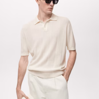 Striped openwork knitted polo shirt